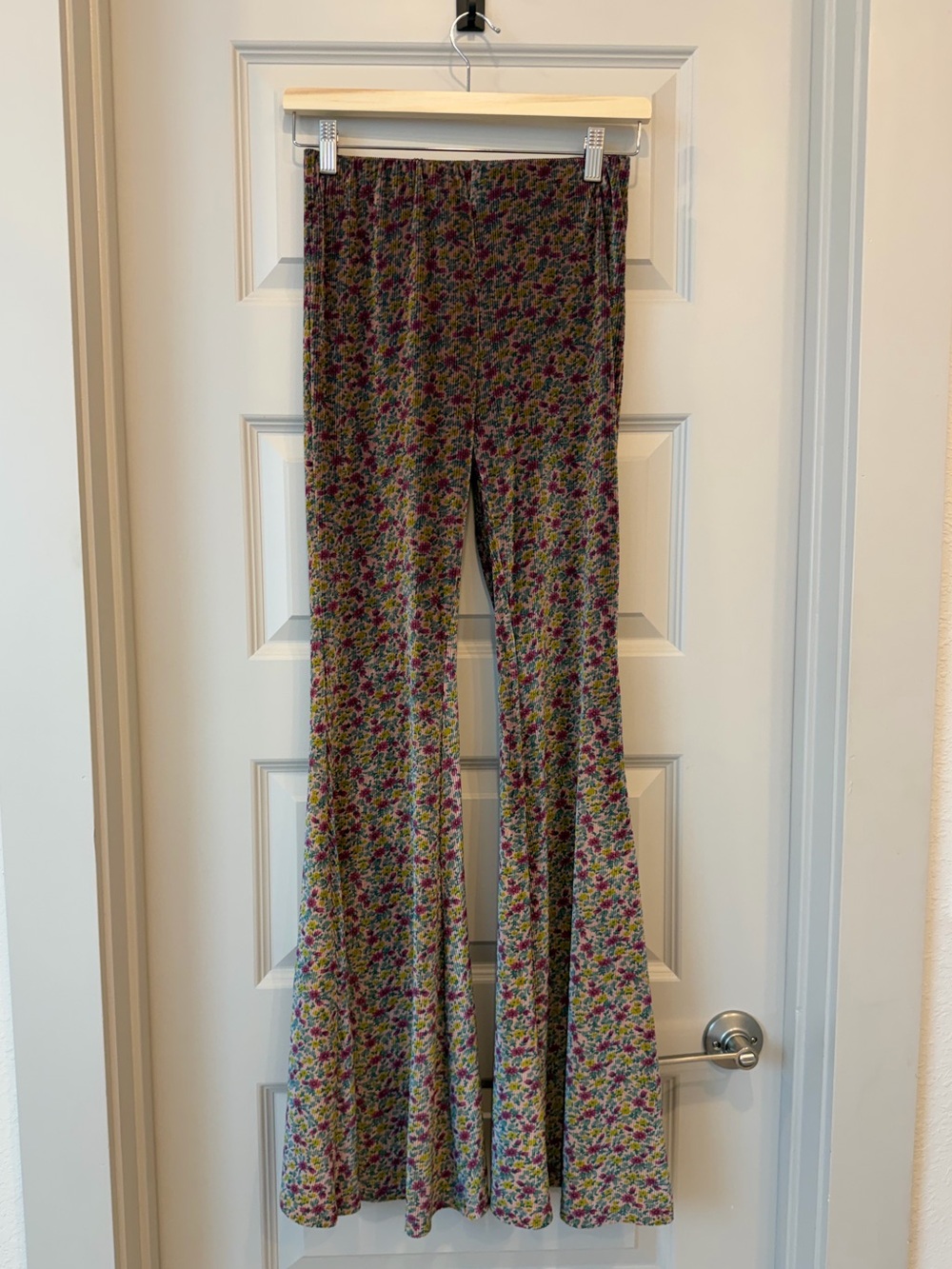 Floral Bell Bottom Boho Velvet Stretch Pants